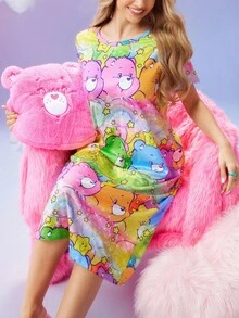 SweetSlumber X Carebears 女士休闲可爱卡通熊印花短袖睡衣连衣裙，夏季蓬松睡衣卡哇伊连衣裙，冬季舒适保暖，哞哞睡裙