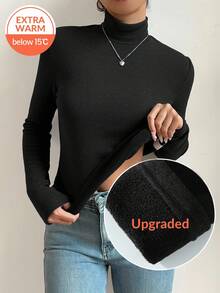 SHEIN Teen Girl Black Turtleneck Snug Fit Casual Long Sleeve T-Shirt Black Turtleneck Top Black Top Black Long Sleeve Top Black Fitted Top Fall Winter - Black - View 2