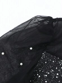 Teens' European & American Style Pearl Mesh Bodysuit Fall Winter - Black - View 6