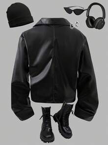 Sparklyn Teen Girl Solid Fashion Lapel Zipper Oblique Placket Black Versatile Short Leather Jacket Fall Winter - Black - View 2