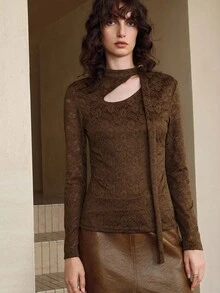 SHEIN LUNE Brown Floral Elegant Knitted Lace Mesh Herbal Embroidery Hollow Out Ribbon Asymmetric Collar Tie Long Sleeve Blouse,Autumn Tea Party Wasteland Style - Chocolate Brown - View 6
