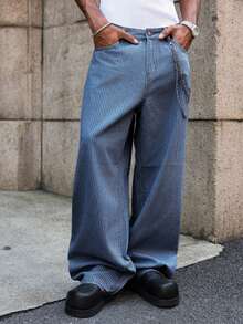 PAVTROS Quần jean ống rộng sọc giặt thường ngày cho nam - Rửa tối - Xem 6