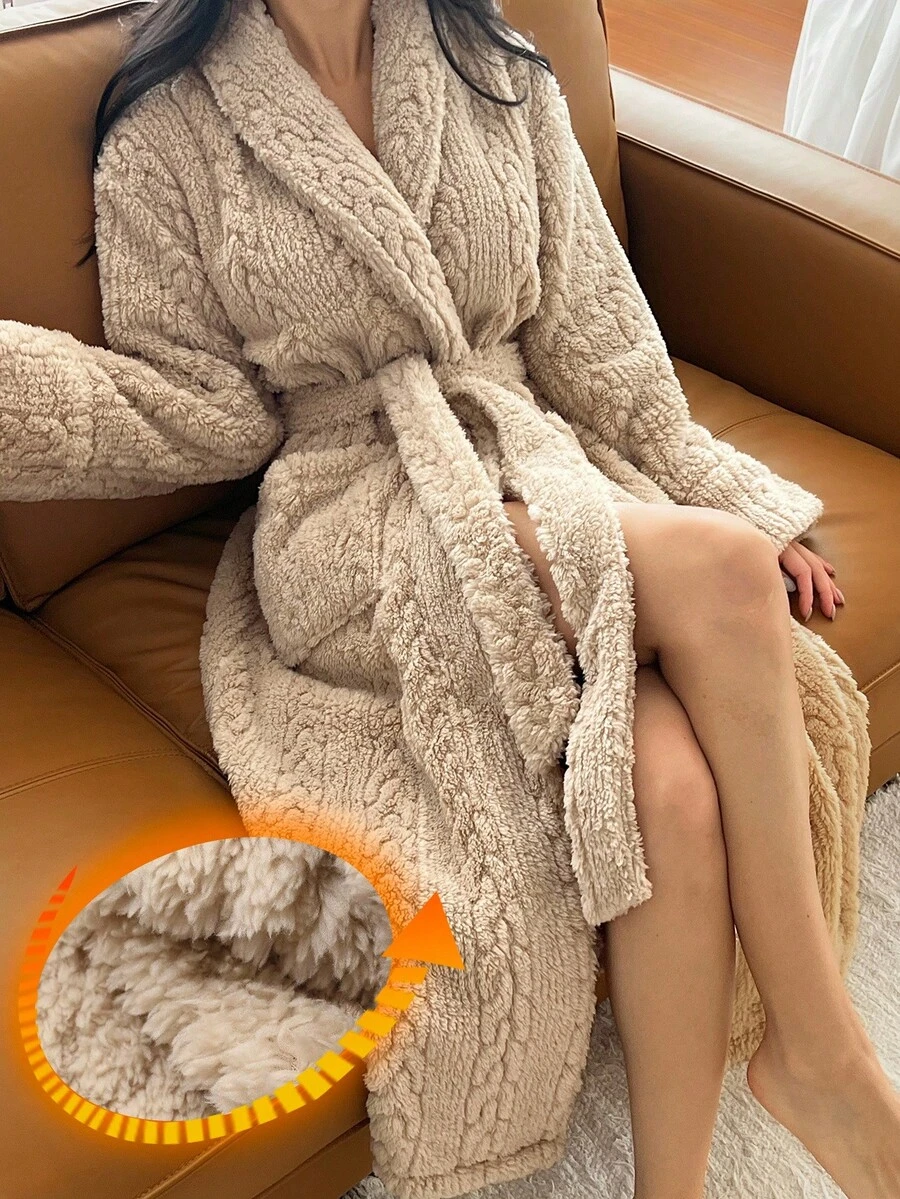 DAZY 女士简约纹理抓绒长袍，家居服，秋冬蓬松睡衣，舒适套装 - 卡其色 - 查看 1