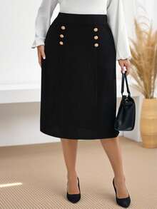 Miaspire 加大码黑色优雅纽扣修身优雅街头风格秋季服装秋裙 - 黑色 - 查看 6