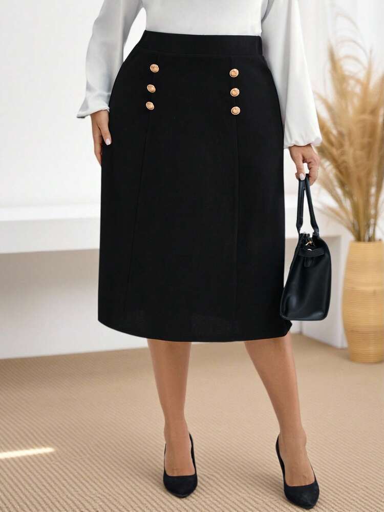 Plus Size Black Elegant Button Up Fitted Elegant Street Style Fall Clothes Fall Skirt,Spring