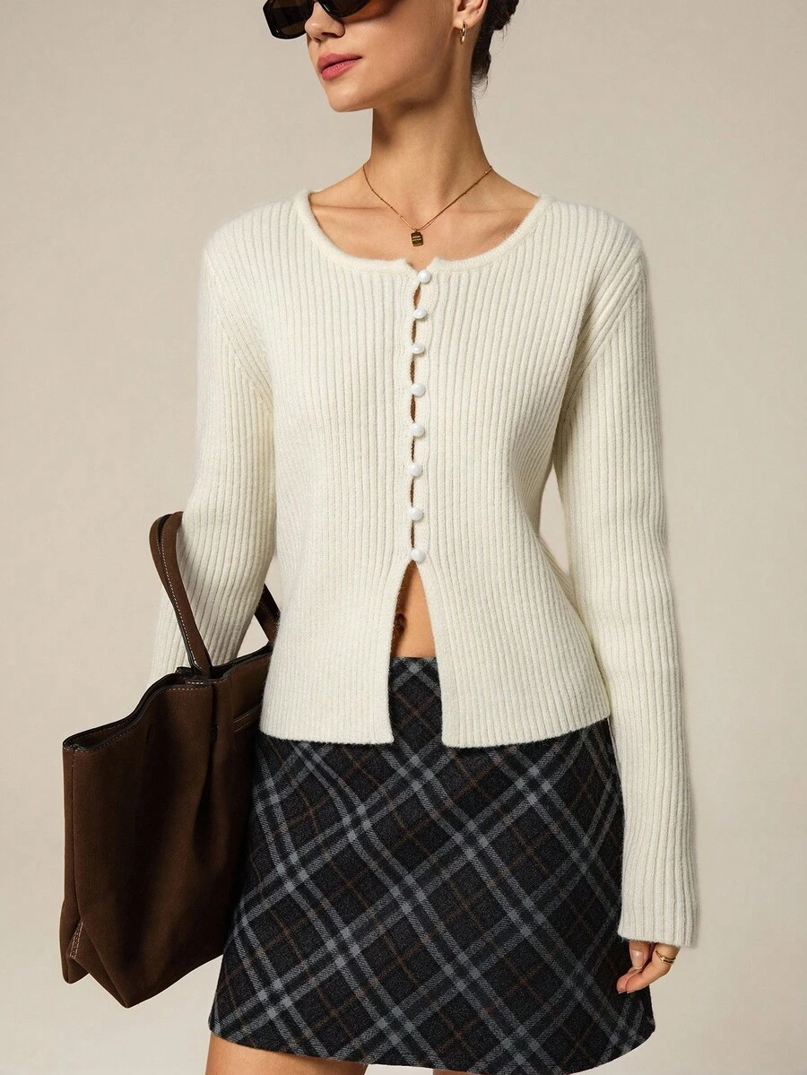 Hanevo 女士修身休闲开衫，秋冬 - 杏色 - 查看 1