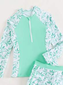 Tween Girl Plant Print Zipper Front Tankini Summer Beach