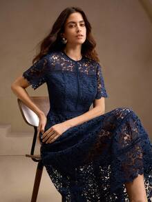 Anewsta Elegant Lace Patchwork Graceful Sleeveless Midi Dress, Ivory White - Navy Blue - View 3