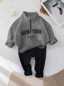 SHEIN 少女可爱字母印花立领蓬松上衣&松紧腰长裤套装 - 灰色 - 查看 3