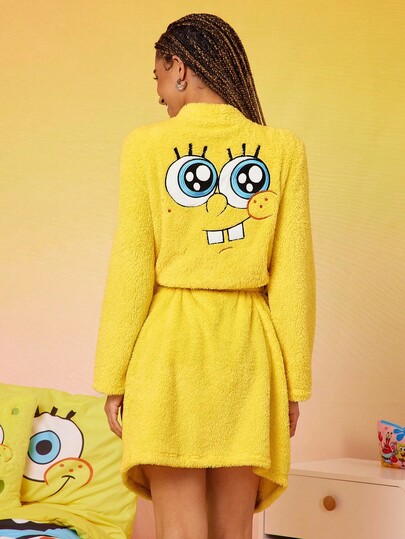 SpongeBob SquarePants | SHEIN Accappatoio in pile di corallo giallo da donna, con ricamo carino di , in stile orsetto, con cintura, adatto per autunno/inverno, morbido e soffice