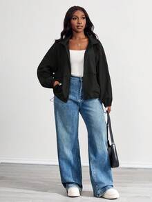 SHEIN PETITE CURVE 大码纯色前拉链长袖休闲连帽防晒轻便夹克 - 黑色 - 查看 4