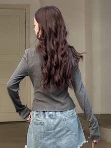 DAZY 少女甜美风格修身T恤，秋季 - 灰色 - 查看 6