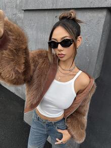 SHEIN ICON 女式仿皮毛拼布针织罗纹棕色高领拉链大衣，秋冬 - 咖啡棕 - 查看 5