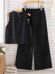 2-Piece Girls Floral Sleeveless Top And Loose Pants Fashion Set For Spring/Summer - Black - View 2