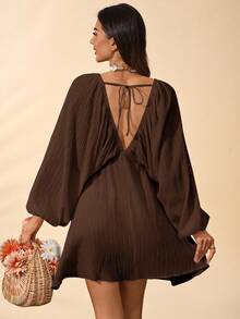 Travachic 女士纯色梭织宽松V领长袖迷你连衣裙，适合春夏季度假 - 咖啡棕 - 查看 2