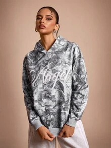 SHEIN 女士全印花落肩休闲宽松卫衣 - 灰色 - 查看 4