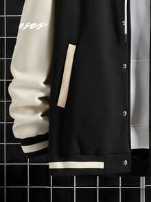 Manfinity Homme 宽松男士字母图案条纹饰边落肩棒球长袖夹克（无帽），秋季款 - 黑色 - 查看 4