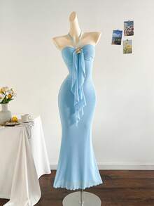 Soleia Đầm Maxi đuôi cá phối lưới đan màu xanh lãng mạn, vừa vặn, thắt nơ kim loại, trang trí khóa kim loại, thích hợp cho tiệc tùng, giáng sinh, hẹn hò, hộp đêm, phong cách Bohemian, Boho, kỳ nghỉ, mùa thu - Màu xanh lam - Xem 3