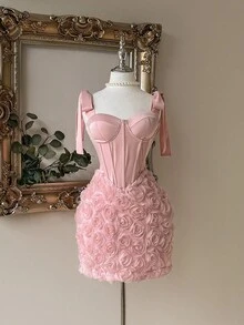 Lovelzi 优雅、浪漫、性感春夏粉色针织弹力吊带抹胸立体花卉面料迷你派对、女士端庄连衣裙、毕业礼服、婚礼派对、节日、舞会鸡尾酒会礼服、婚礼宾客礼服 - 粉色 - 查看 7