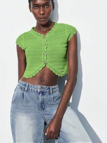 Maija 2025 Automne/Hiver Cardigan à boutons devant avec bordure en dentelle verte, pull tricoté, chic urbain pour le trajet, la fête, l'invité de mariage, vêtement d'extérieur inspiré du vintage - Vert - Voir 4