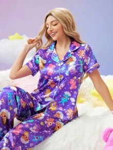 SweetSlumber X Carebears Women's Cute Cartoon Bear Print Satin Short Sleeve Top & Pants Pajama Set - Multicolor - View 3