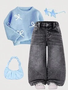 年轻女孩宽松水洗灰色牛仔裤，柔软棉质面料，休闲街头服饰，适合日常穿着、派对、旅行、返校、秋冬新品 - 淺灰色 - 查看 1