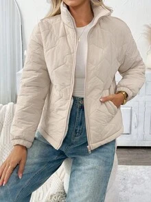 SHEIN LUNE 女士休闲保暖长袖口袋绗缝外套，女士夹克，绗缝外套，拉链外套，轻便外套，女士秋冬服装，女士冬季服装，女士冬季外套，女士冬季夹克，女士休闲工作装，女士秋冬服装，女士舒适秋冬服装，女士绗缝外套，女士保暖服装，女士外套，女士羊羔绒内衬外套，休闲 - 米色 - 查看 3