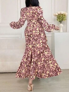 Feyla 女式花卉印花宽松优雅多层休闲连衣裙，长袖圆领 - 酒紅色 - 查看 2