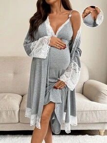 SHEIN 2pcs Maternity Contrast Lace Long Sleeve Robe And Camisole Nursing Nightgown Set