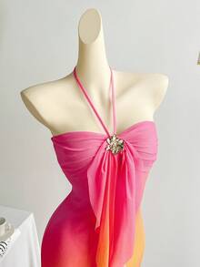 Soleia 大码女式度假针织网眼渐变浪漫修身挂脖系带金属扣装饰鱼尾长裙，适合派对、约会、下午茶，性感优雅 - 彩色 - 查看 5