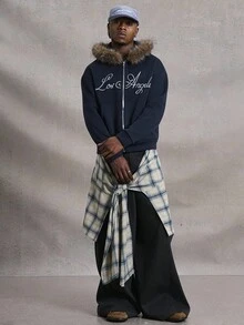 PAVTROS Manfinity Streetrush 男士拼接阔腿裤，可拆卸二合一格子系带设计，纽扣开合，秋冬街头服饰，万圣节服装，INS 街头服饰，男装，男士运动裤，中性风格，说唱歌手服装，男朋友礼物 - 黑色 - 查看 3