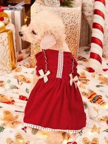 PETSIN Vestido de Natal para Cachorros Pequenos - Corduroy Vermelho com Mangas Bufantes e Decoração de Laço - Vermelho - Visão 1