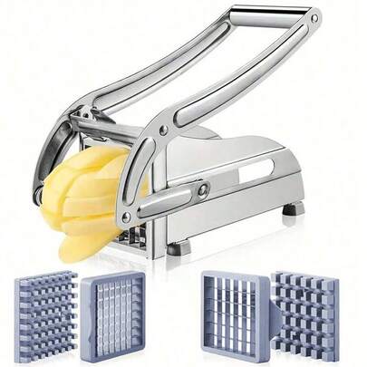 SHEIN 不锈钢多功能厨房曼陀林切片机 - 手动操作，可互换刀片，耐用的食物准备工具，适用于水果、蔬菜、炸薯条、洋葱、土豆、胡萝卜、黄瓜 - 易于清洁和存放，蔬菜切片机