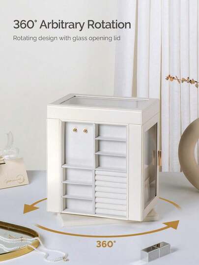 SHEIN CASEGRACE 1 件大容量女士珠宝盒，360° 旋转 PU 皮革珠宝收纳盒，6 层 5 抽屉透明盖珠宝收纳整理器 - 非常适合戒指、耳环、项链和手镯，适合女性、女孩夏季收纳整理器礼物