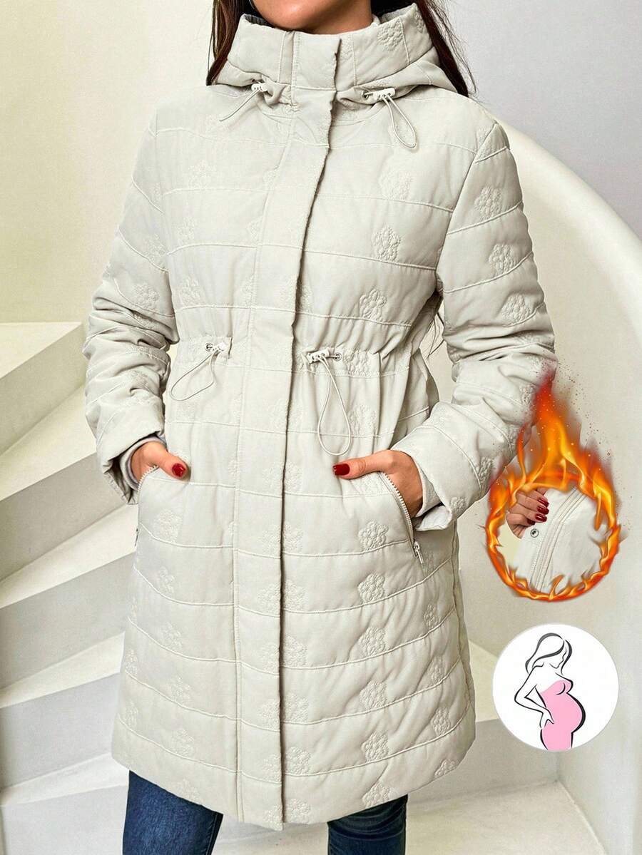 SHEIN Maternity Solid Color Raglan Long Sleeve Drawstring Waist Hooded Warm Casual Jacket - White - View 1