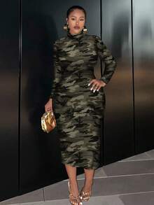 Slaydiva Classic Retro Camouflage Print Fitted Long Sleeve Round Neck Dress, Casual & Suitable For Plus Size, Autumn/Winter Fall - Multicolor - View 5