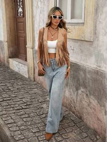 Brillora Áo khoác vest hở phía trước tua rua mùa hè - Cà phê nâu - Xem 5