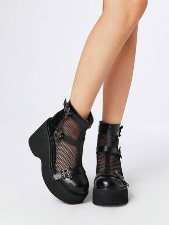 Grunge Punk Stivaletti alla caviglia casual da donna in rete traspirante, stile gotico con tripla fibbia metallica, cerniera posteriore, stile punk con plateau e tacco largo, nero, adatti per Ognissanti