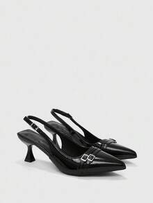 CUCCOO BIZCHIC 女士尖头小猫跟黑色后带日常百搭通勤高跟穆勒鞋 - 黑色 - 查看 2