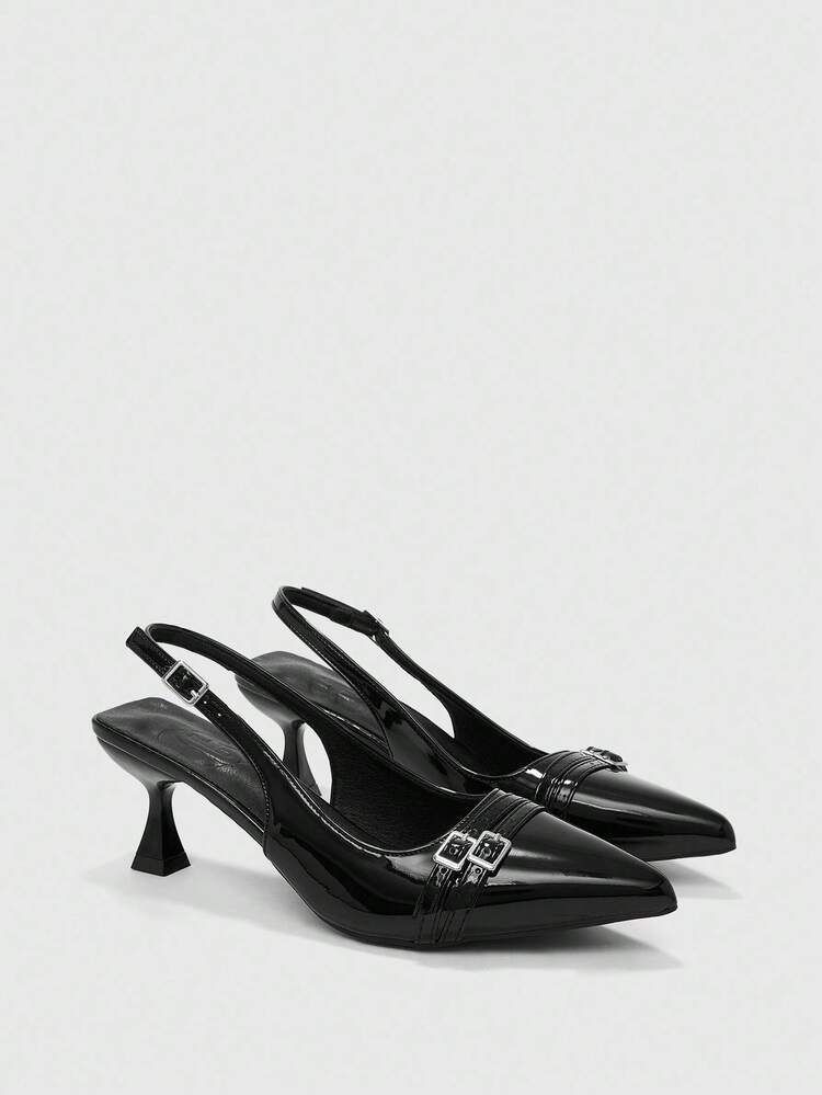 CUCCOO BIZCHIC Women's Pointed Toe Kitten Heel Black Backstrap Daily Versatile Commute High Heel Mule Shoes For Christmas Spring Shoes