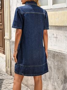 SHEIN Plus Size Casual Vacation Solid Color Embroidered Denim Dress - Dark Wash - View 2