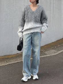 FRIFUL Women's V-Neck Ombre Fluffy Loose Fit Casual Pullover Sweater, Thickened And Thermal Lined - Grey - View 2