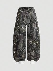 SHEIN Explorewe 男童新款欧美时尚迷彩多口袋宽松直筒牛仔裤，高街嘻哈工装裤，秋冬款 - 彩色 - 查看 7