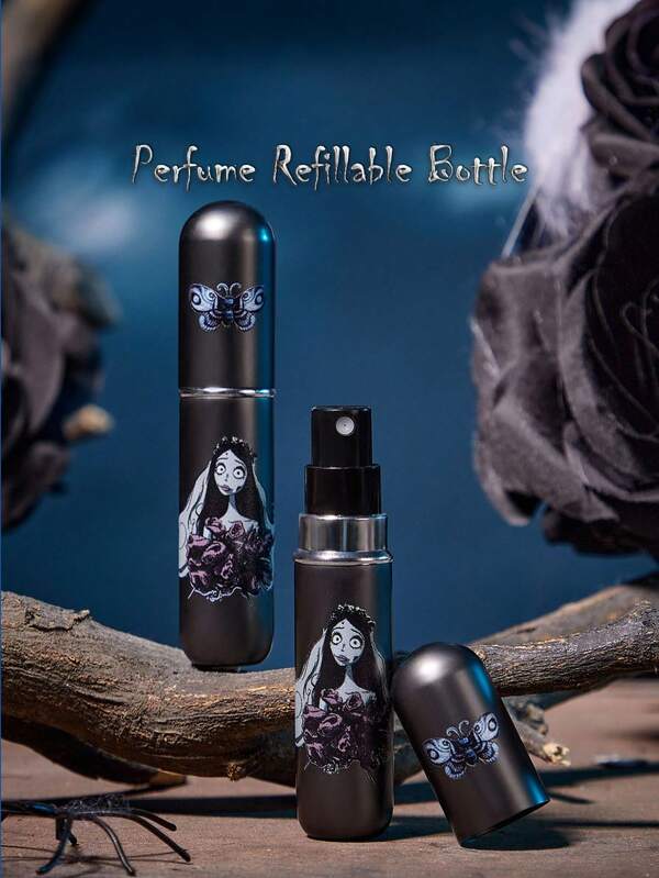 Corpse Bride X SHEIN 5ml/0.2oz Bottiglia spray per profumo ricaricabile di colore grigio scuro con riempimento dal basso e pompa, tipo riutilizzabile, mini flacone cosmetico portatile per liquidi, con finestra visibile, portatile per viaggi e in aereo, farfalla
