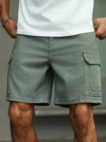 Manfinity Homme 男士休闲街头风格口袋牛仔短裤 - 綠色 - 查看 3