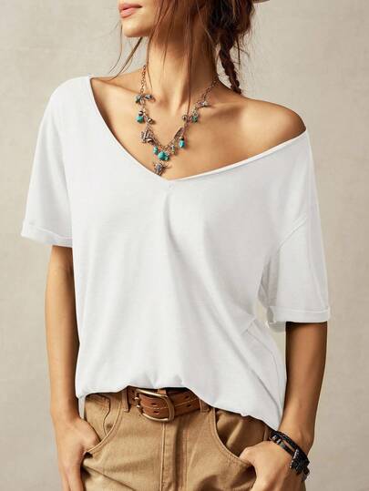 Bohemela Women's Casual Solid Color V-Neck Short Sleeve Loose T-Shirt