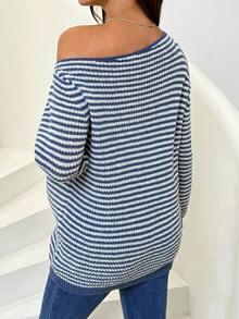 SHEIN 孕妇休闲宽松条纹不对称肩长袖毛衣，秋季