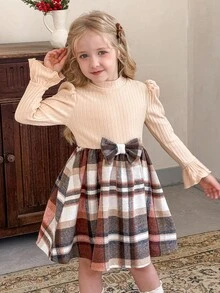 LMoss Kids LMoss 女童纯色针织拼接格子休闲连衣裙，女童法式格子裙，女童秋季法式连衣裙，儿童秋季连衣裙，舒适秋冬款式，长袖连衣裙，圣诞连衣裙，冬季服装，冬季连衣裙 - 彩色 - 查看 6