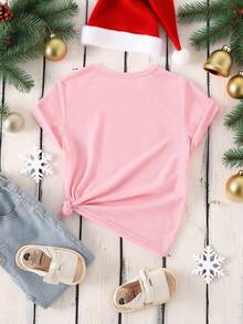 1pc Merry Christmas Girls Casual Cute Bow, Christmas Tree, Santa Claus Gift Print Round Neck Short Sleeve T-Shirt, Christmas Party Top