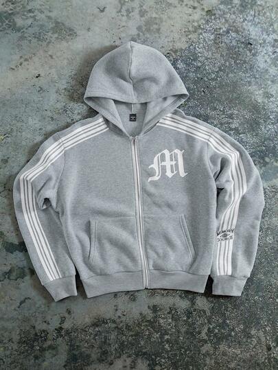 Manfinity EMRG Men's Letter & Striped Long Sleeve Zip-Up Casual Hoodie, Grey Zip Up, Streetwear , Fall/Winter